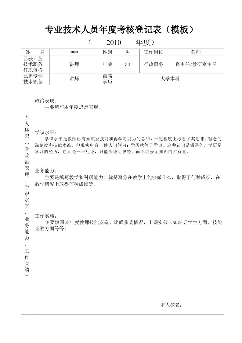 专业技术人员年度考核登记表（模板）