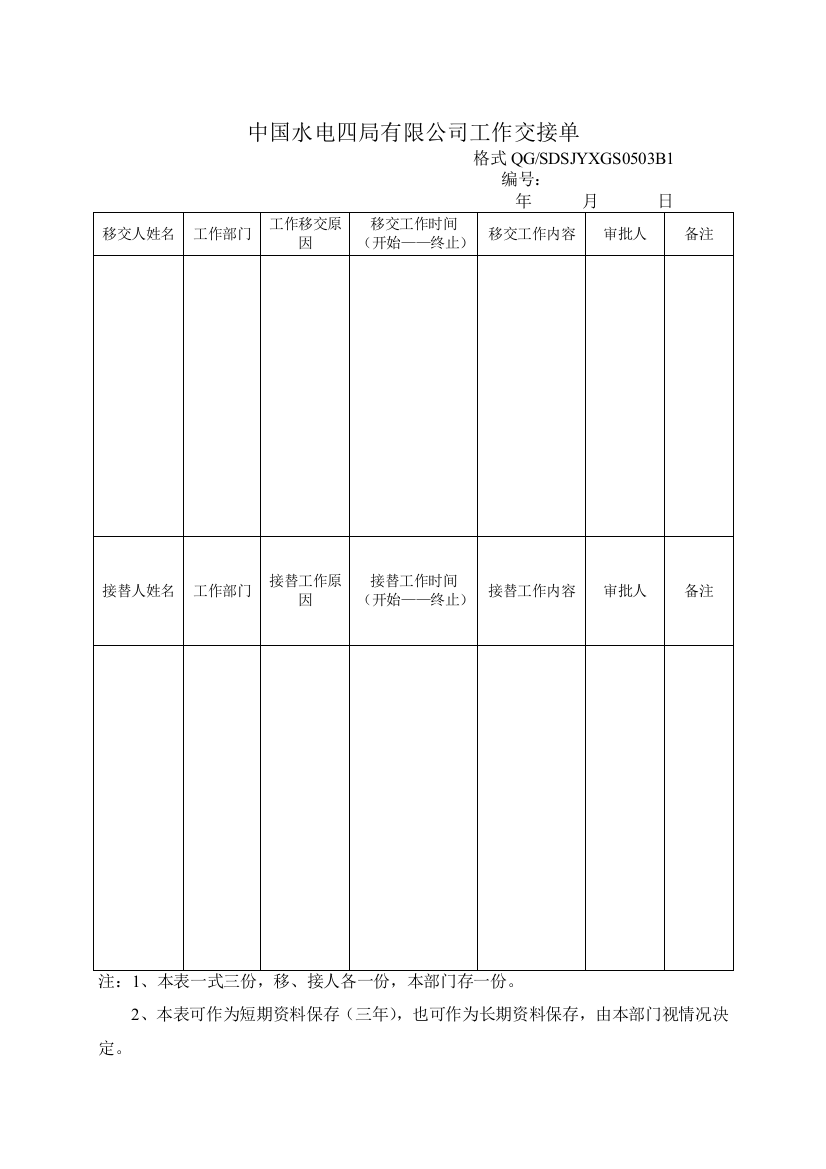 某水电有限公司工作交接单