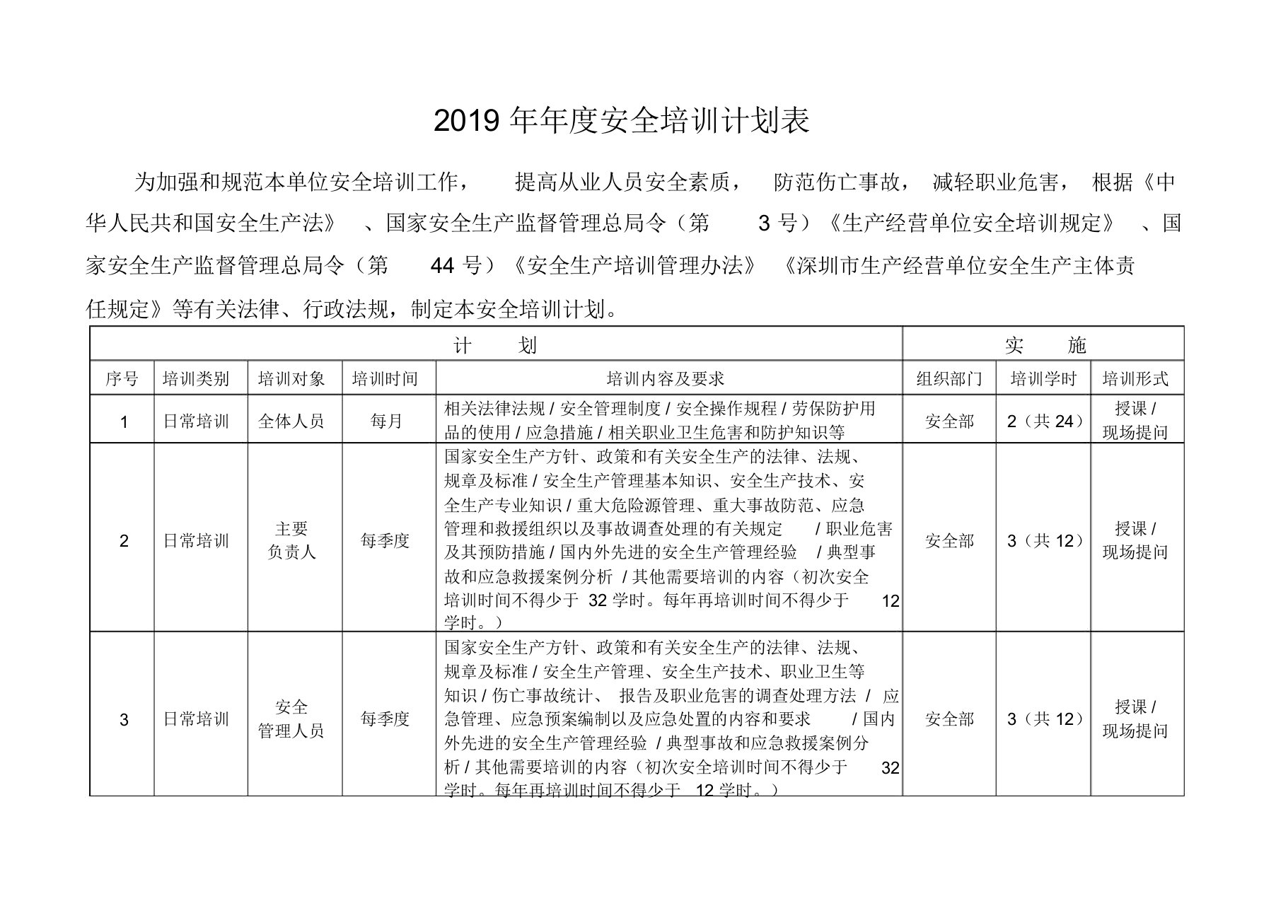 年度安全生产培训计划表格