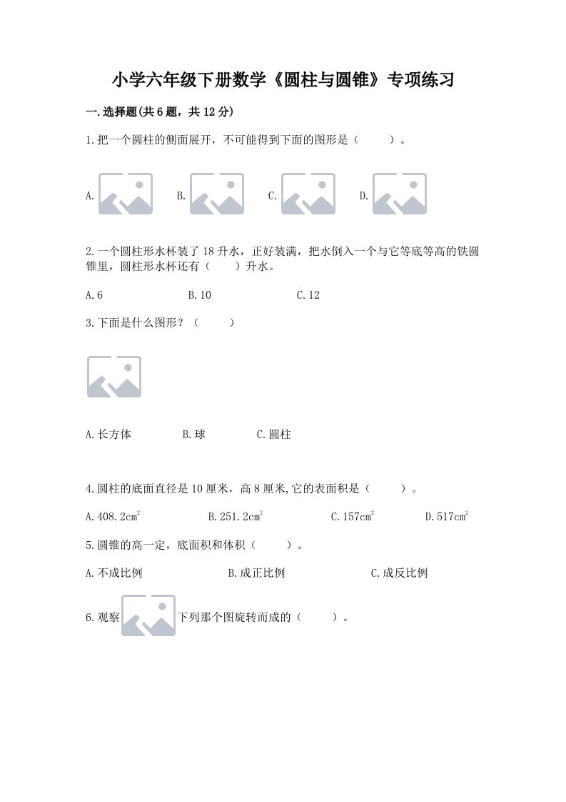 小学六年级下册数学《圆柱与圆锥》专项练习附参考答案【典型题】