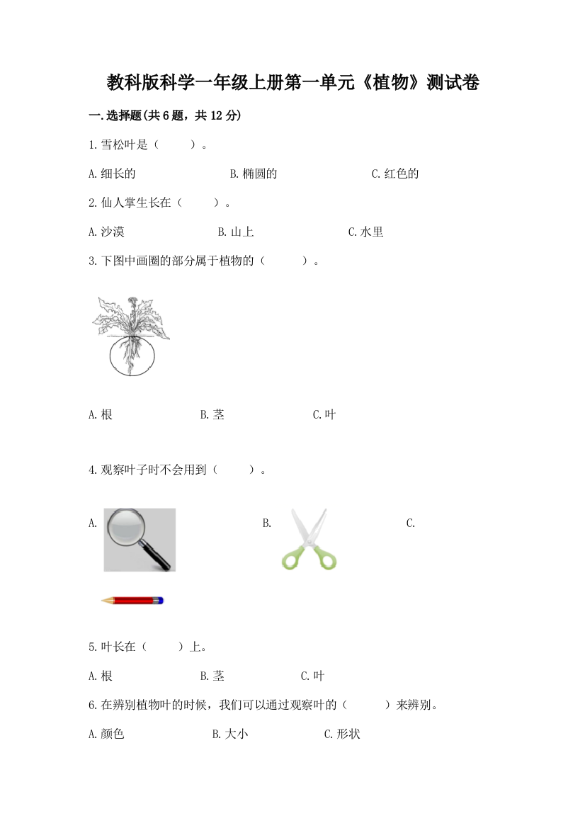 教科版科学一年级上册第一单元《植物》测试卷word版