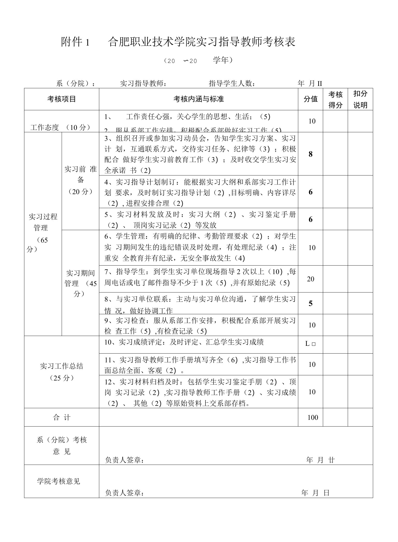 巢湖职业技术学院院内实习指导教师考核办法