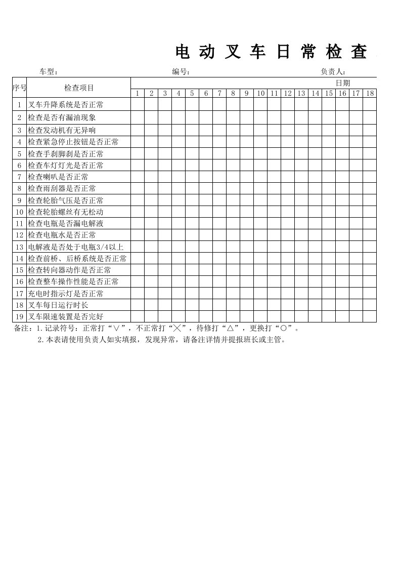 电动叉车日常检查表