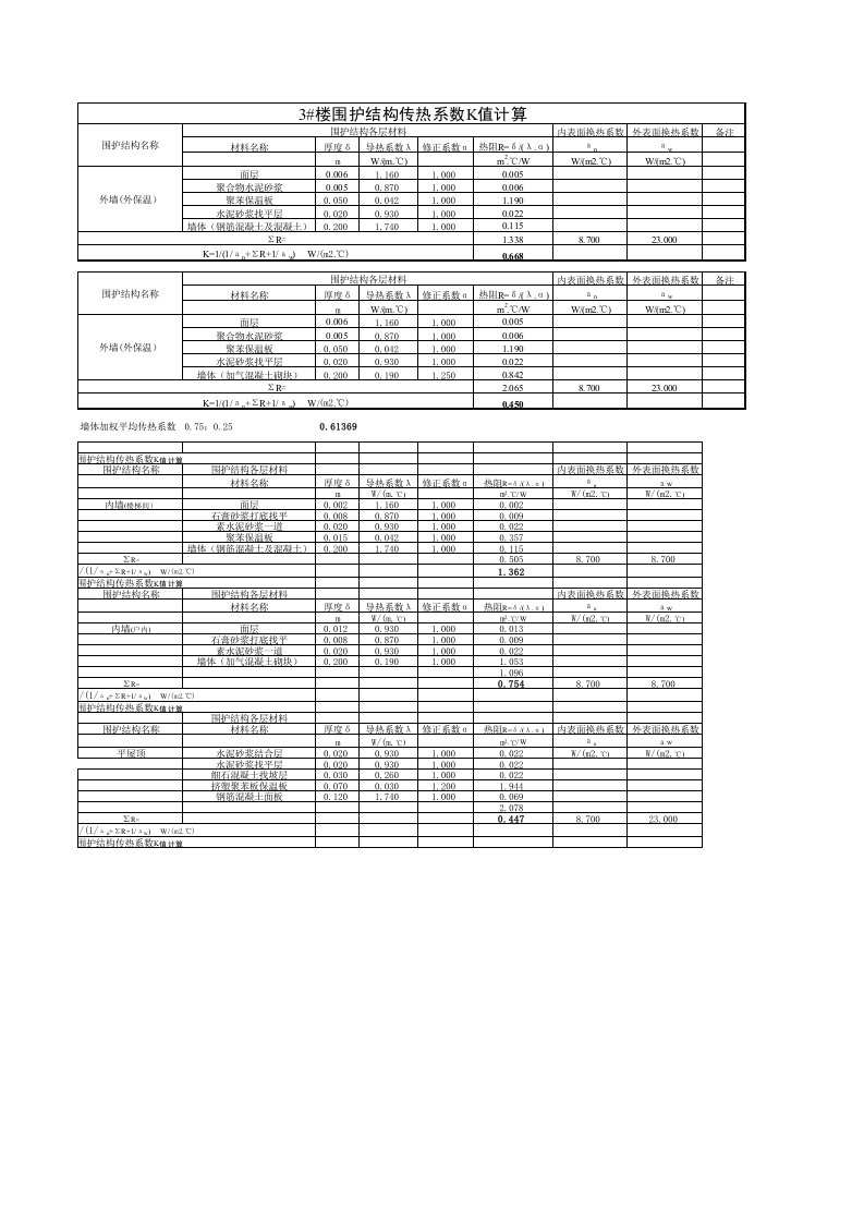 3#楼墙体传热系数计算表