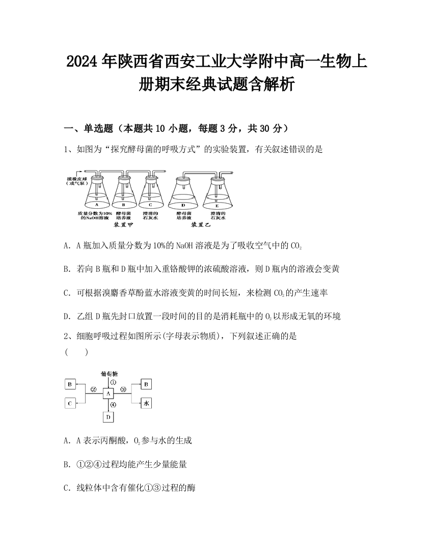 2024年陕西省西安工业大学附中高一生物上册期末经典试题含解析