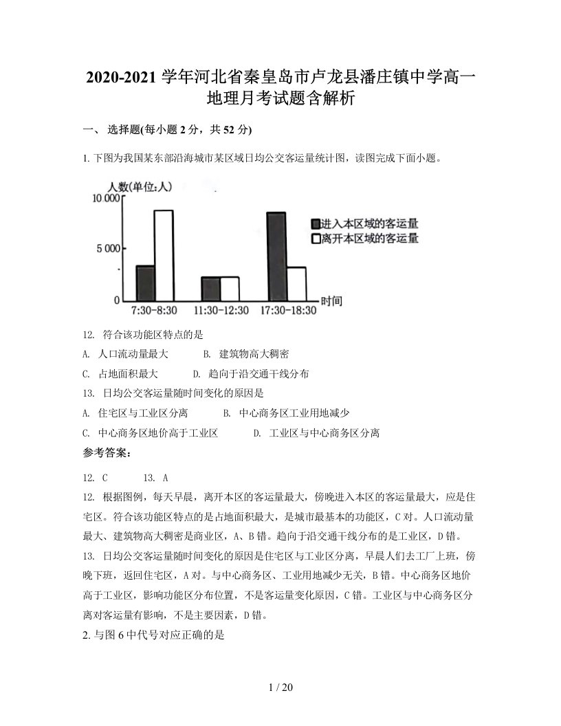 2020-2021学年河北省秦皇岛市卢龙县潘庄镇中学高一地理月考试题含解析