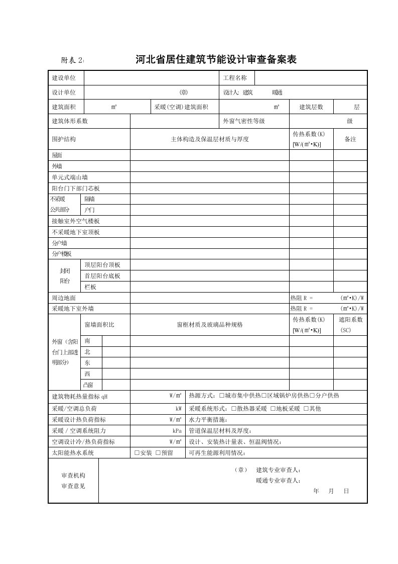 河北省居住建筑节能设计审查备案表