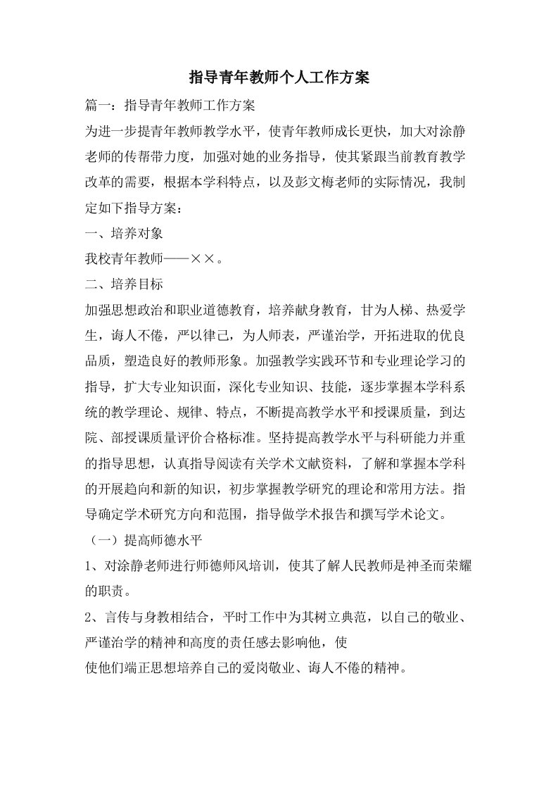 指导青年教师个人工作计划