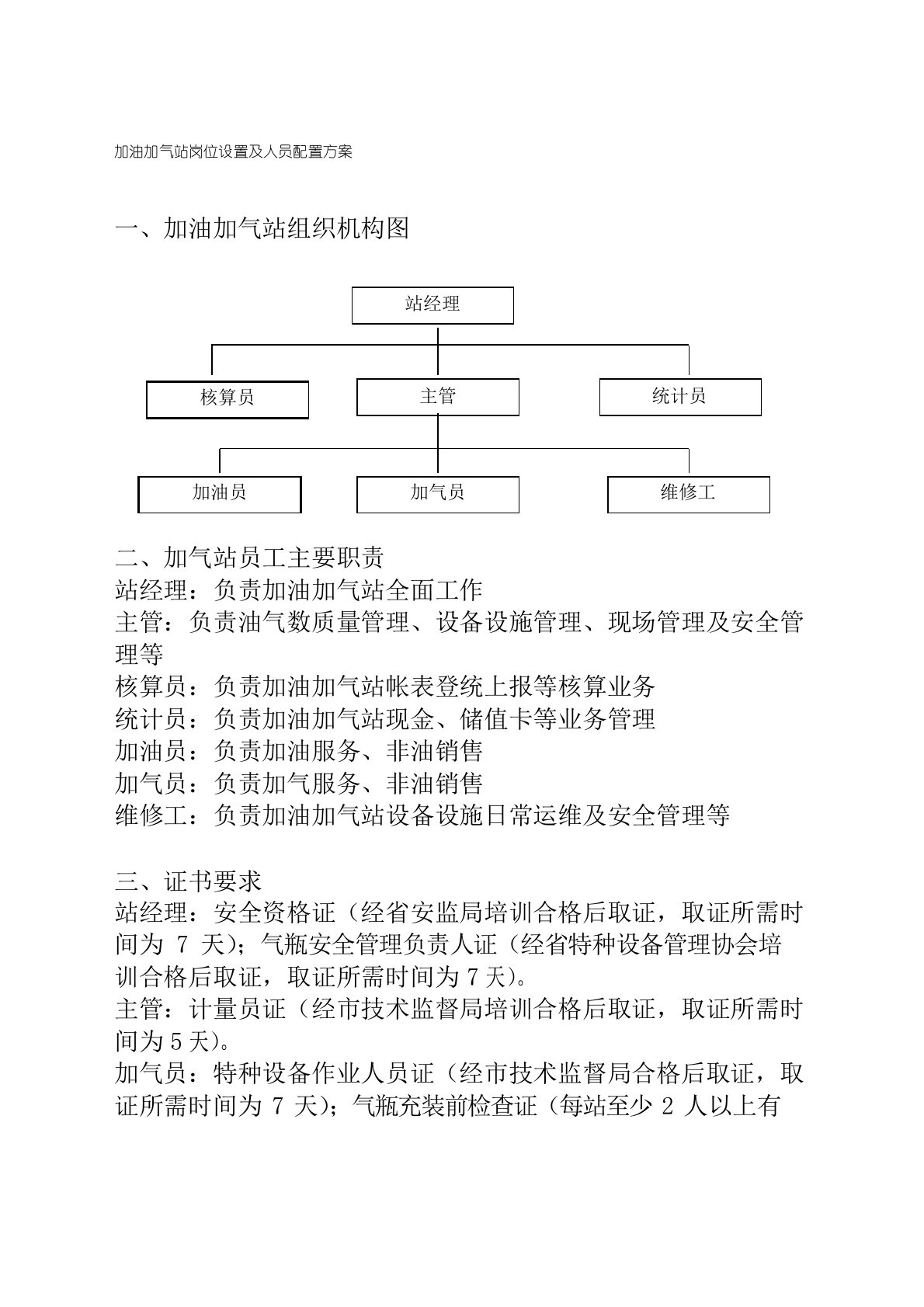 加油加气站岗位设置及人员配置方案