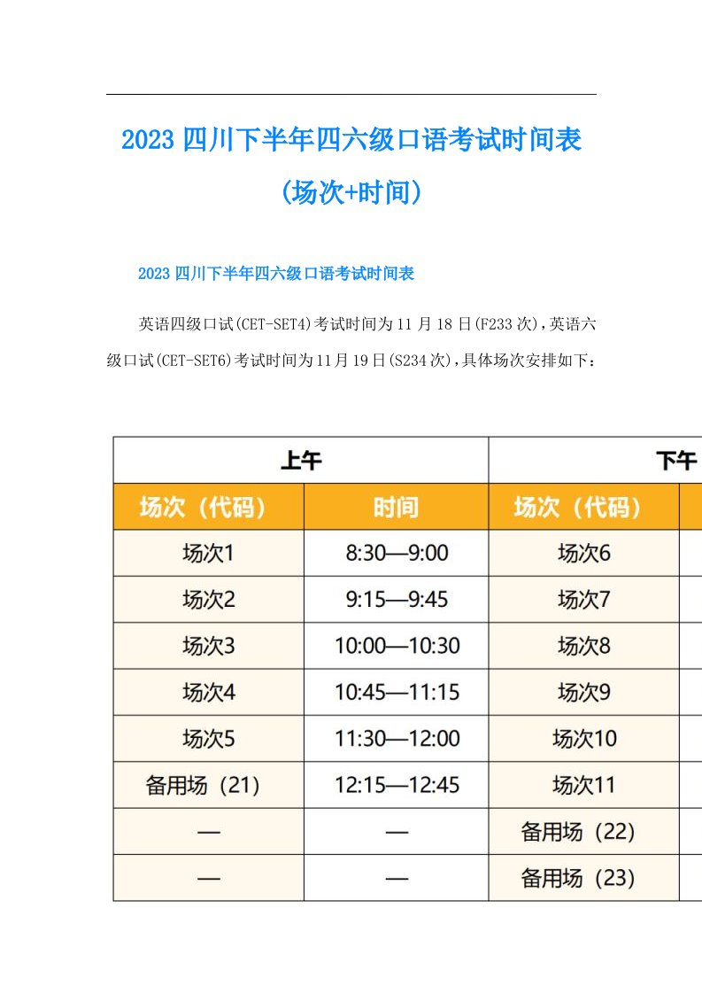 四川下半年四六级口语考试时间表(场次