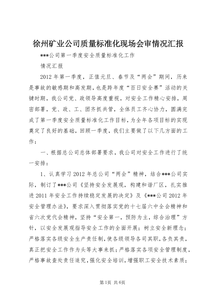 徐州矿业公司质量标准化现场会审情况汇报