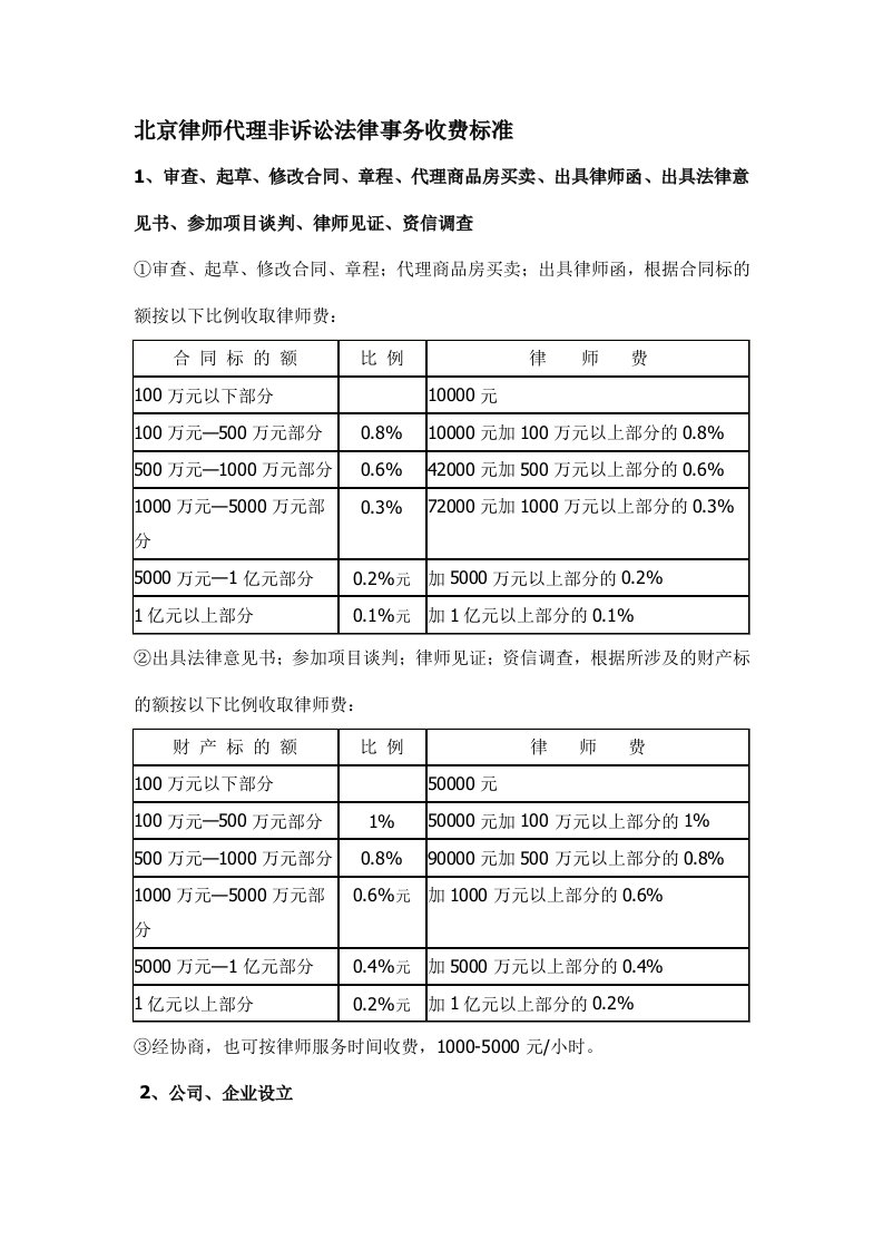 北京律师代理非诉讼法律事务收费标准