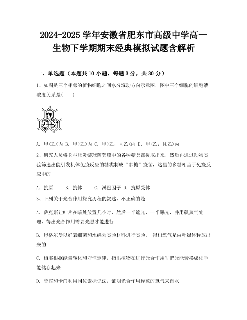 2024-2025学年安徽省肥东市高级中学高一生物下学期期末经典模拟试题含解析