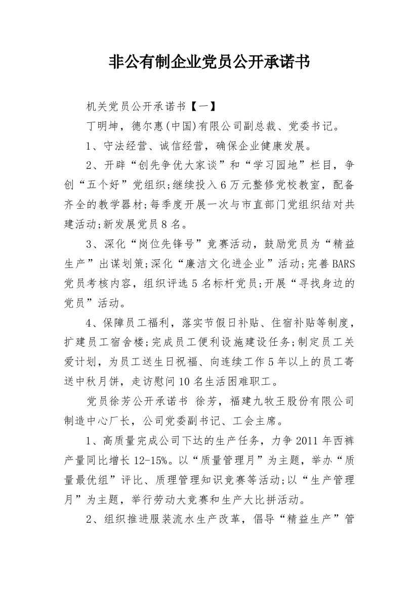 非公有制企业党员公开承诺书