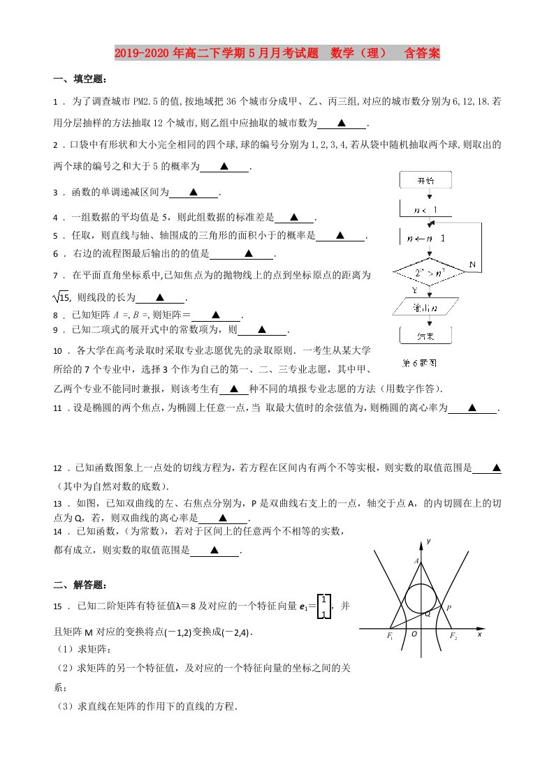 2019-2020年高二下学期5月月考试题　数学（理）　含答案