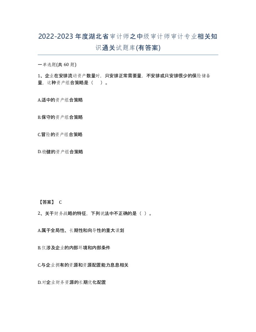 2022-2023年度湖北省审计师之中级审计师审计专业相关知识通关试题库有答案