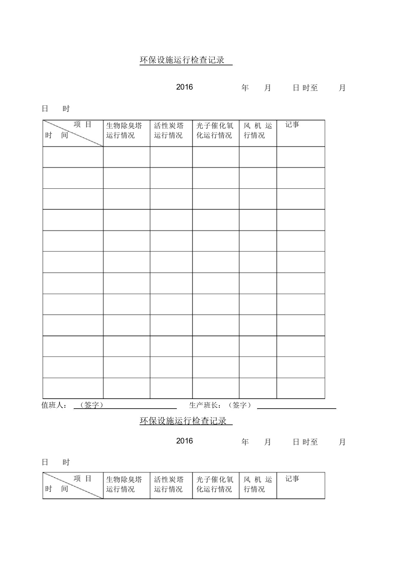 环保设施运行检查记录