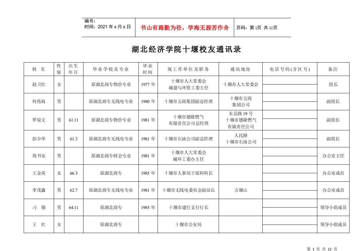 湖北经济学院十堰校友通讯录