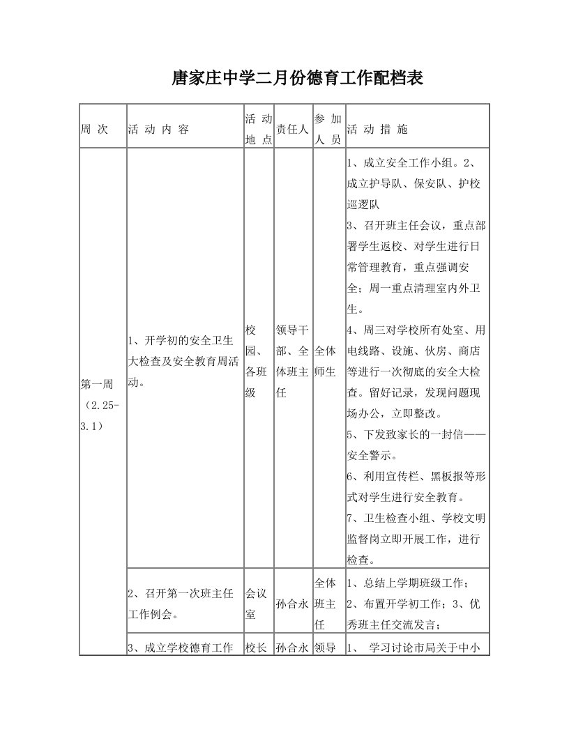 德育工作配档表