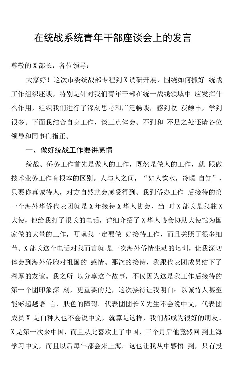 在统战系统青年干部座谈会上的发言