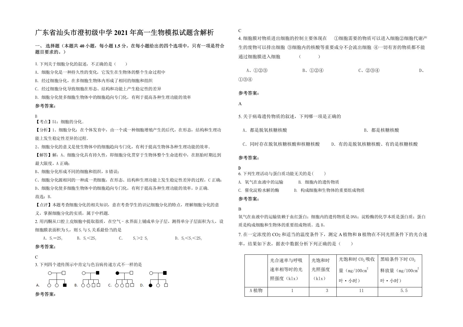 广东省汕头市澄初级中学2021年高一生物模拟试题含解析