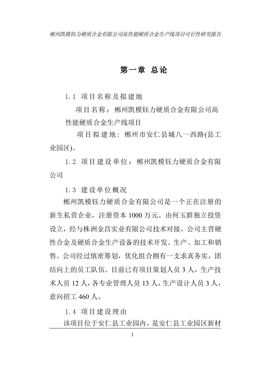 郴州凯模钰力硬质合金有限公司高性能硬质合金生产线项目可行性论证报告