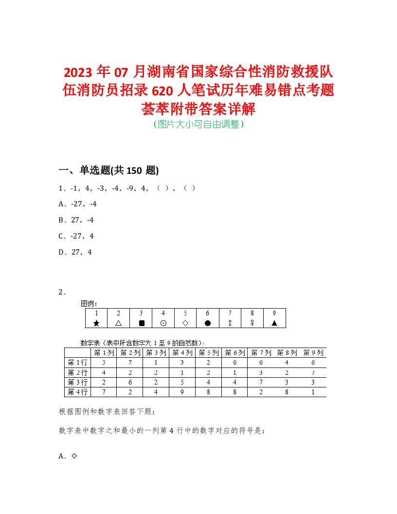 2023年07月湖南省国家综合性消防救援队伍消防员招录620人笔试历年难易错点考题荟萃附带答案详解