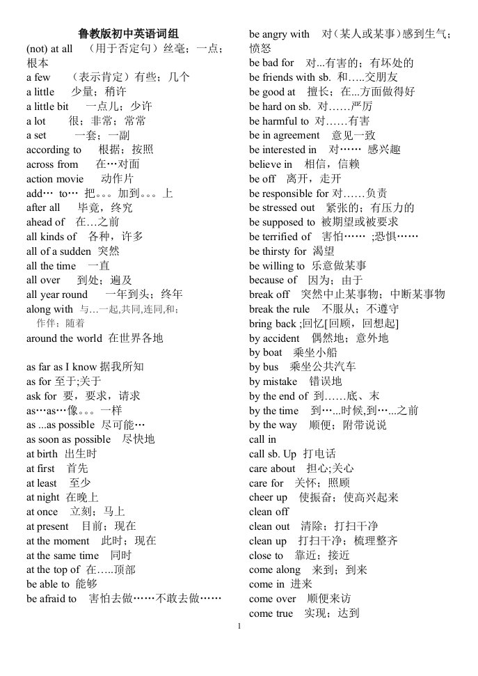 鲁教版初中英语词组