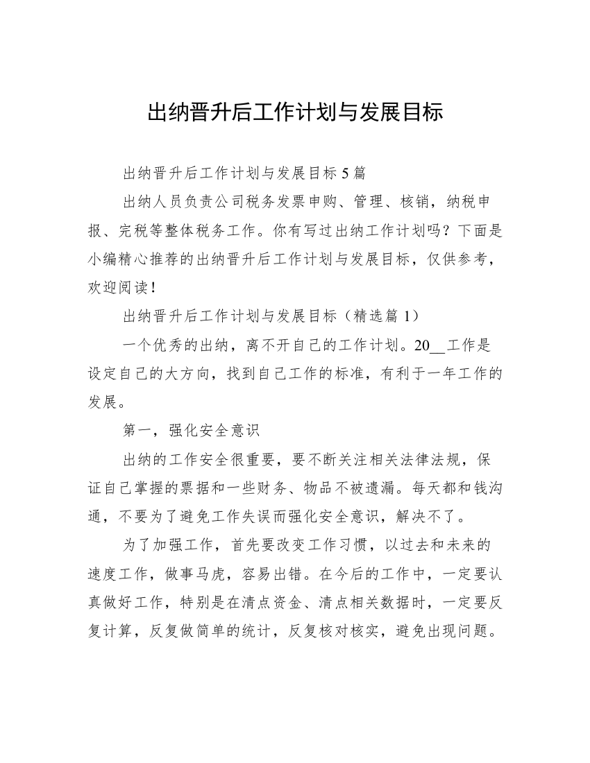 出纳晋升后工作计划与发展目标