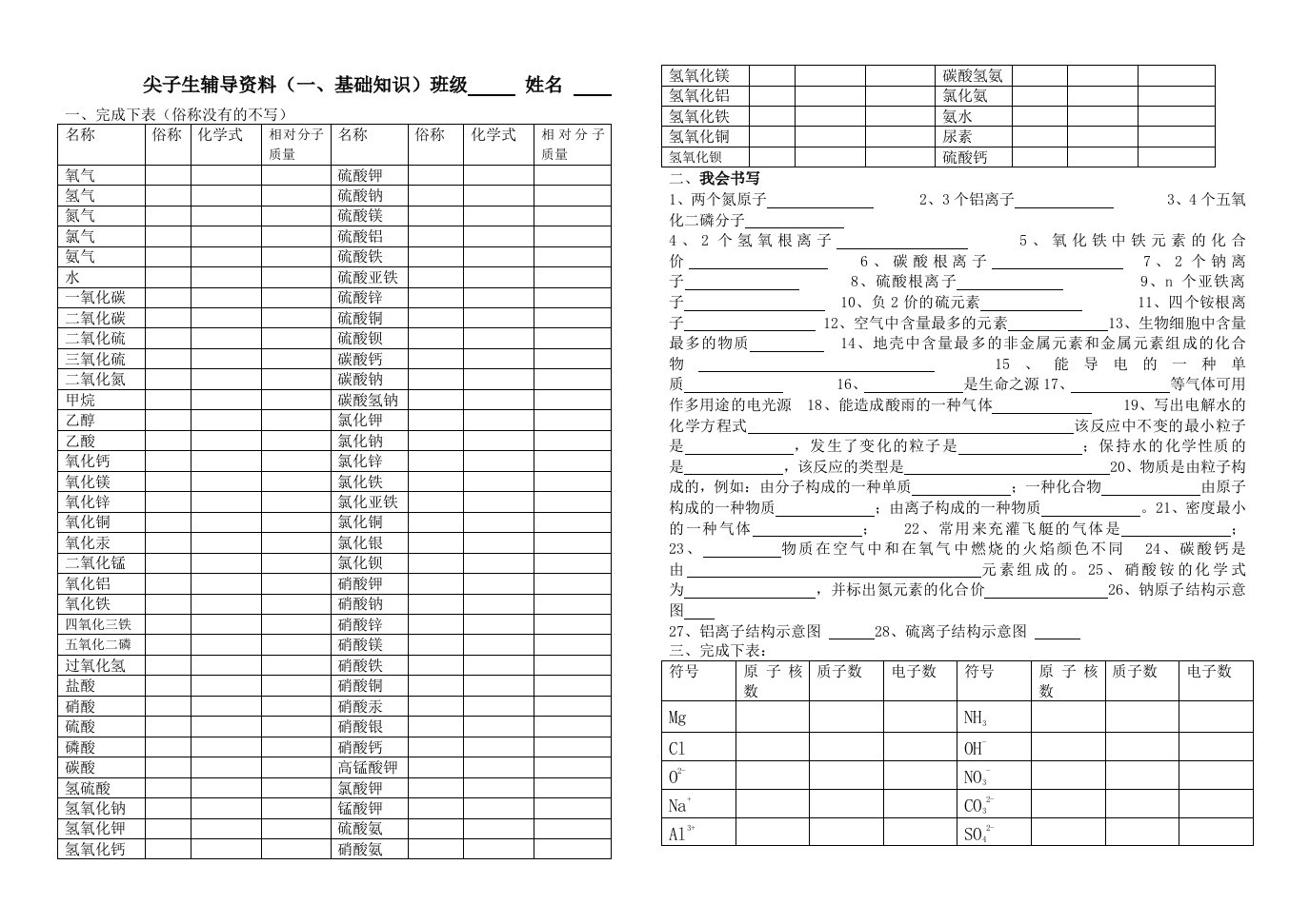 九年级化学尖子生辅导资料(化学式与化学方程式)