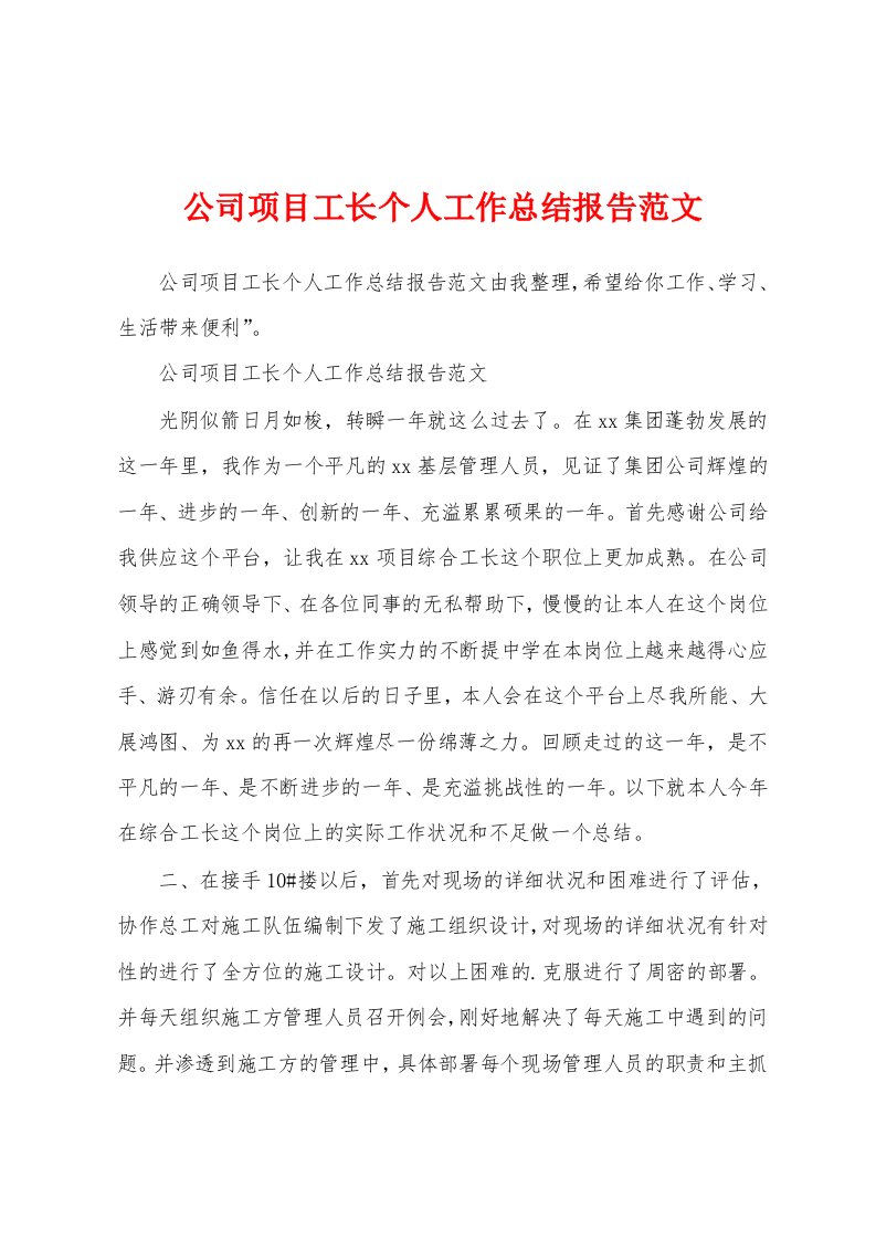 公司项目工长个人工作总结报告范文