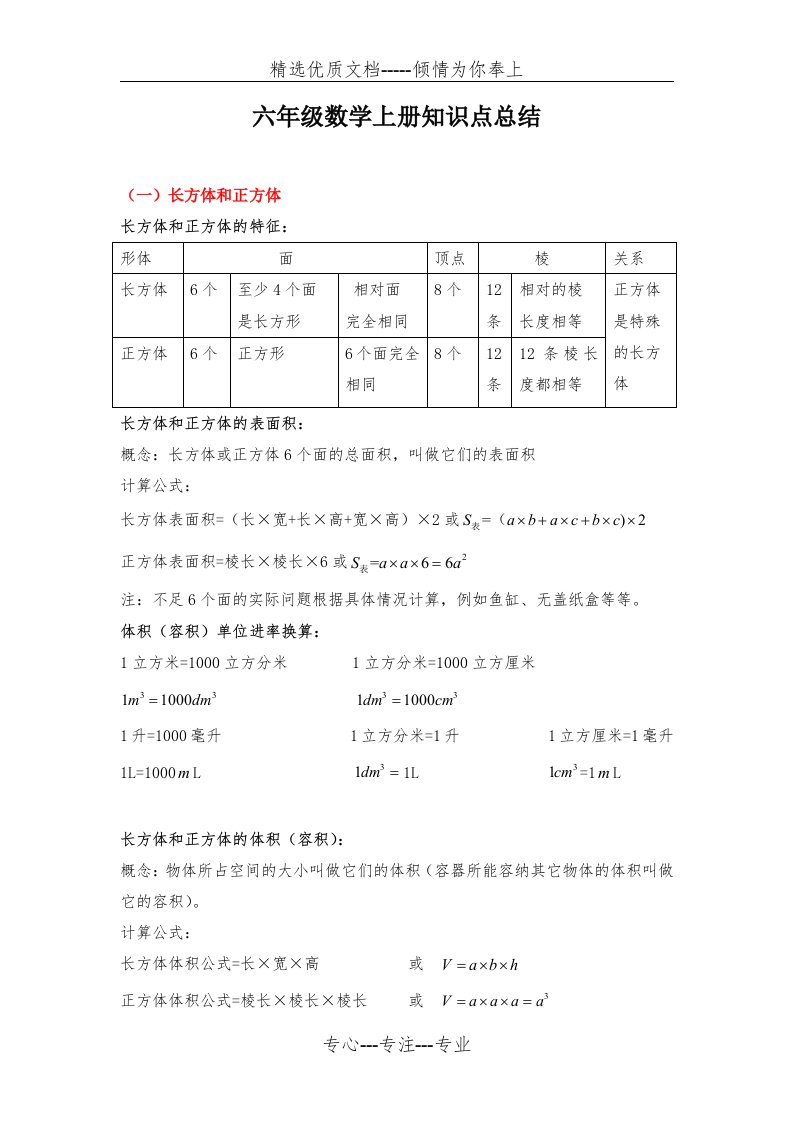 苏教版六年级数学上册知识点归纳总结(共6页)