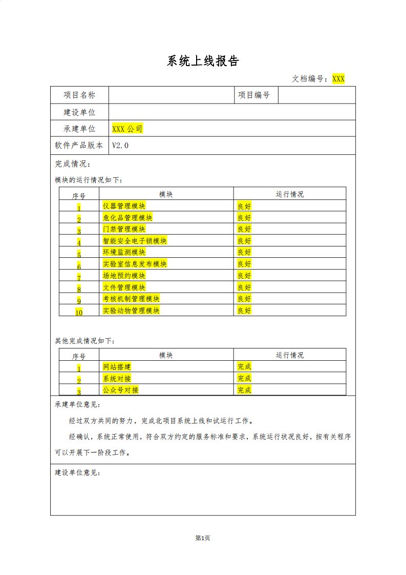 软件系统上线报告模板