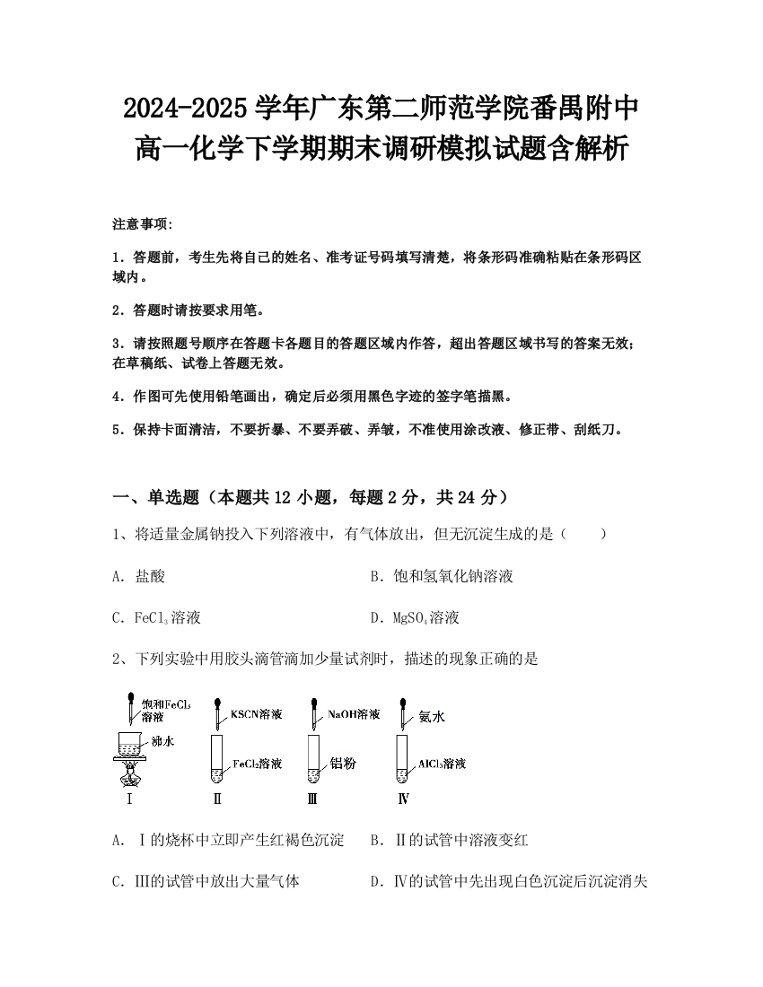 2024-2025学年广东第二师范学院番禺附中高一化学下学期期末调研模拟试题含解析