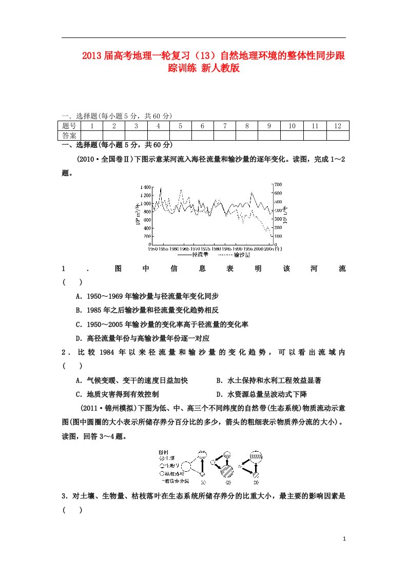 高考地理一轮复习（13）自然地理环境的整体性同步跟踪训练