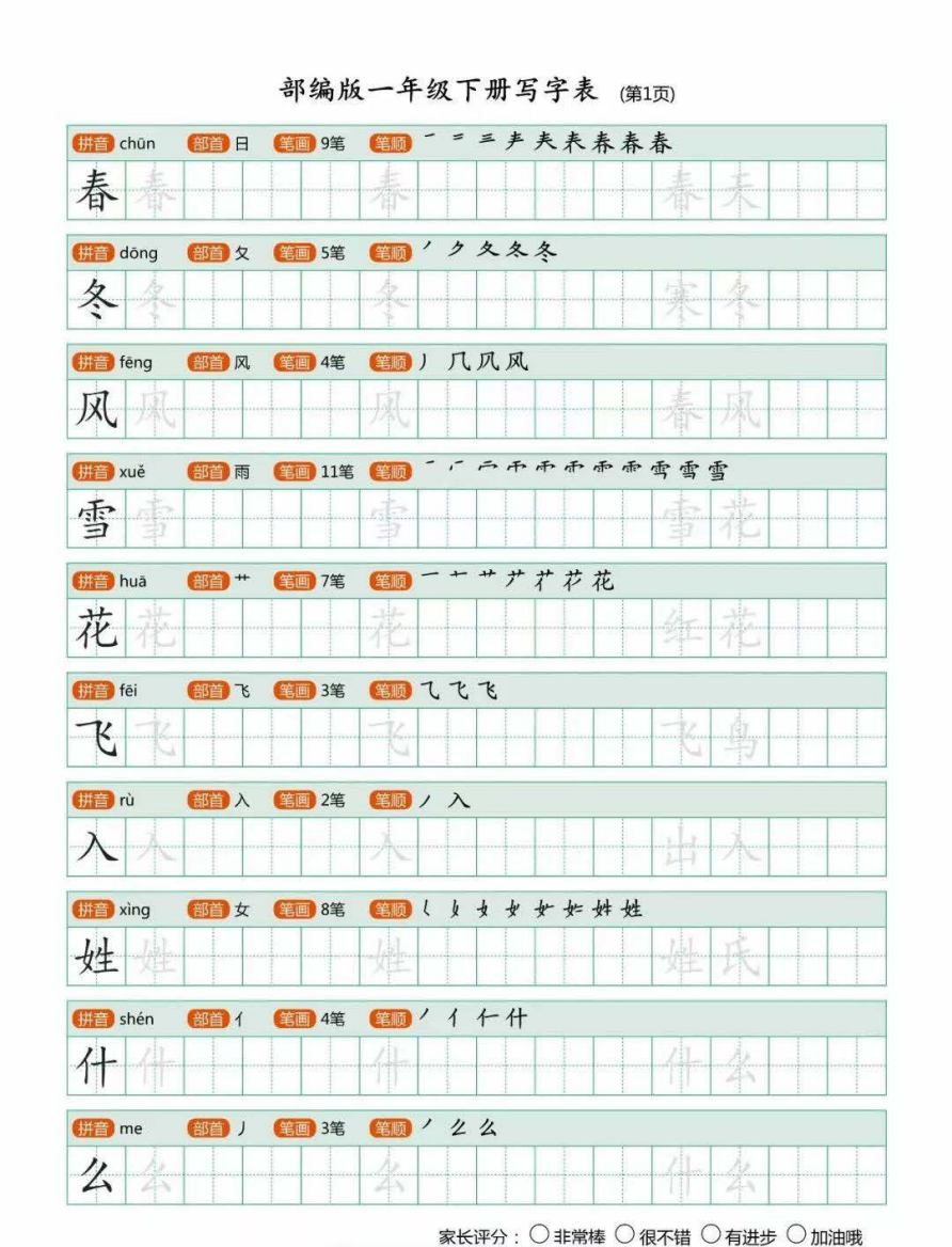 人教1-6年级下生字描红