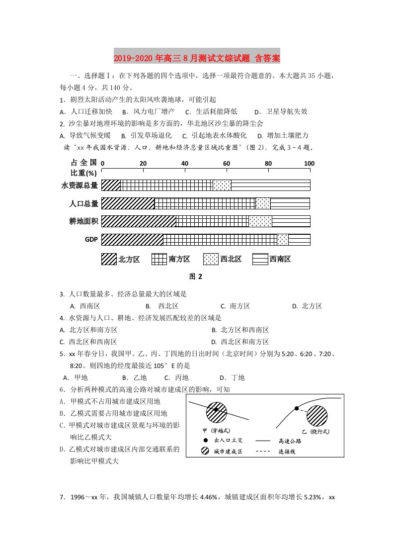 2019-2020年高三8月测试文综试题