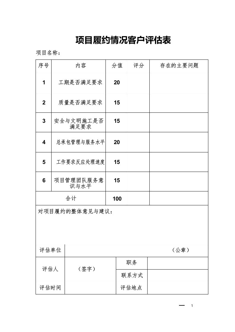 建筑工地建设单位业主满意度调查评估表