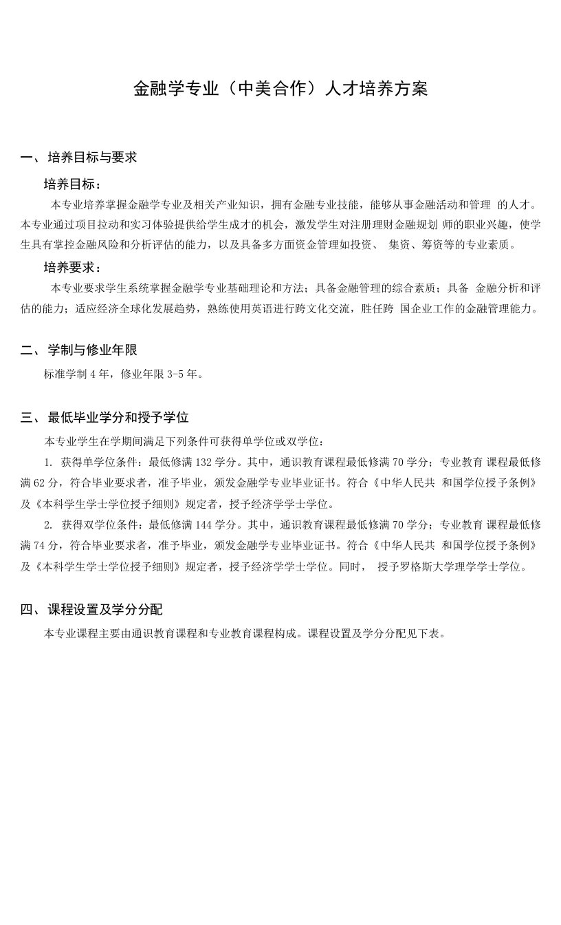 金融学专业（中美合作）人才培养方案（本科）