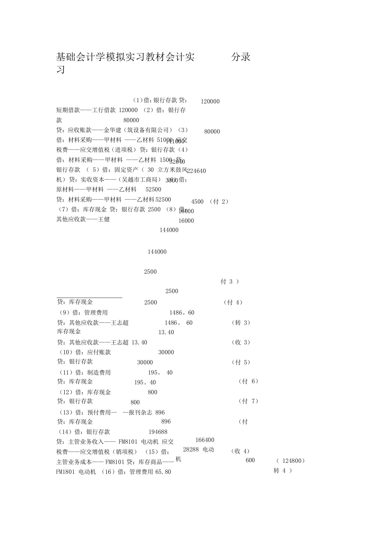 基础会计学模拟实习教材会计实习分录