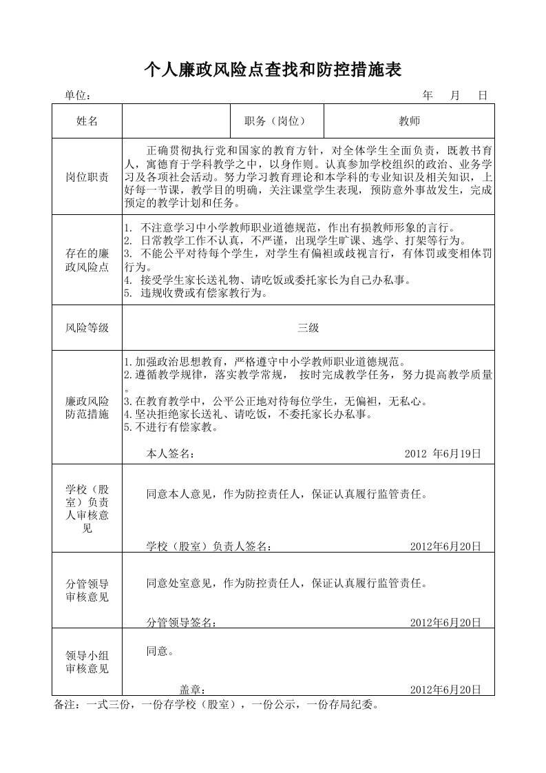 教师廉政风险点查找和防控措施表