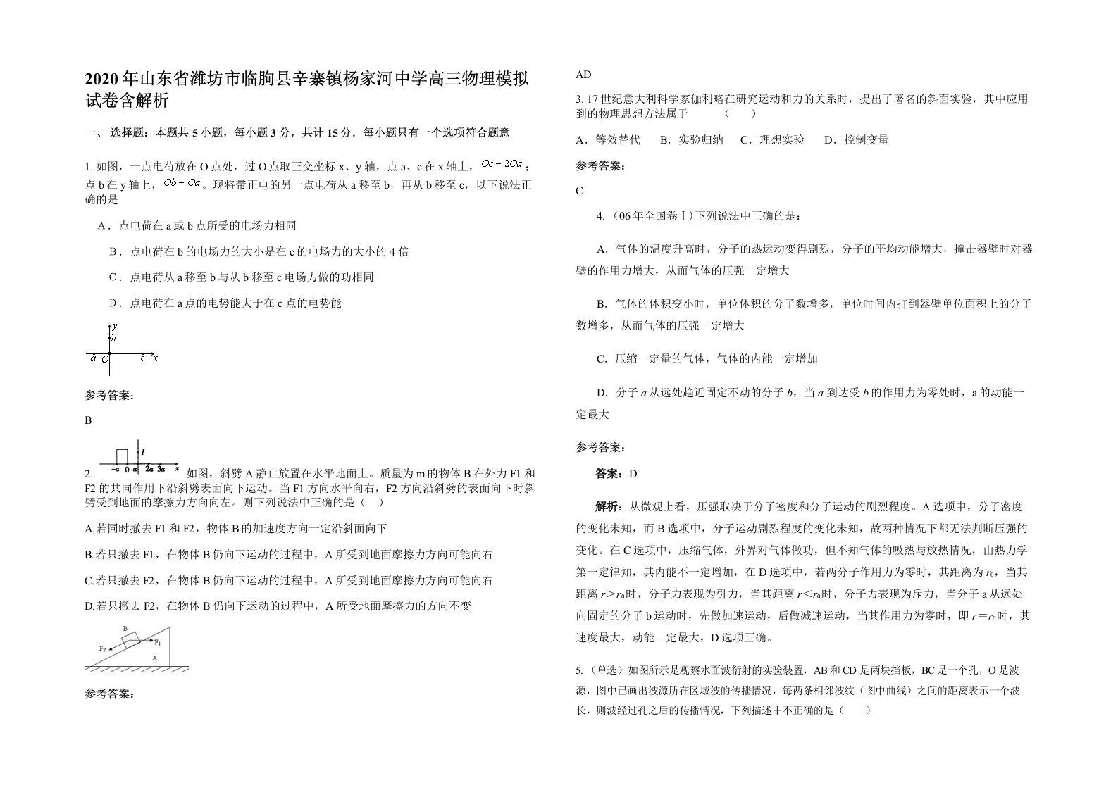 2020年山东省潍坊市临朐县辛寨镇杨家河中学高三物理模拟试卷含解析