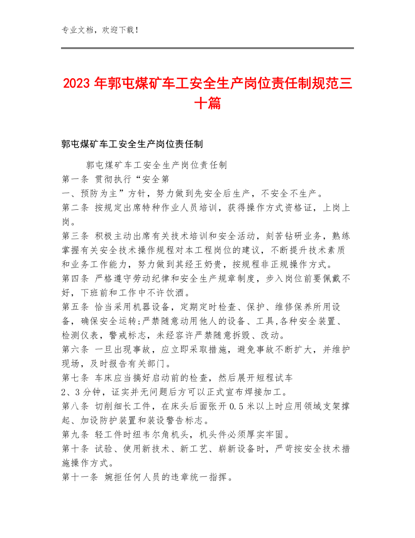 2023年郭屯煤矿车工安全生产岗位责任制规范三十篇