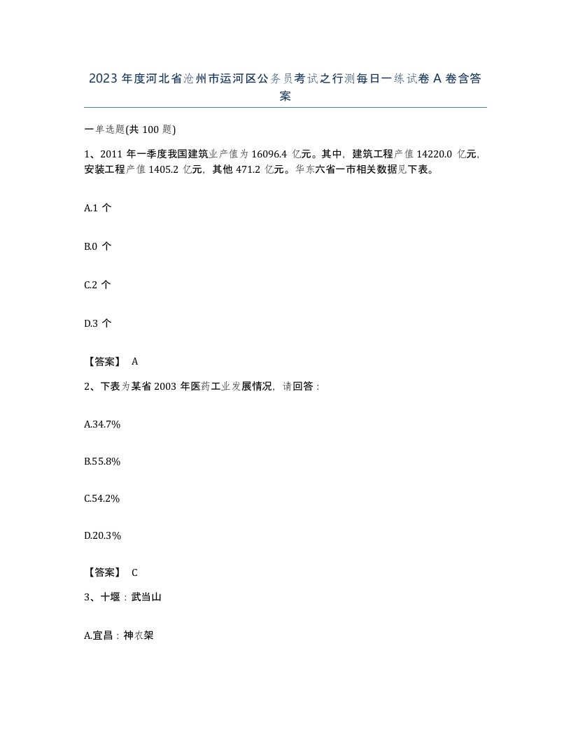 2023年度河北省沧州市运河区公务员考试之行测每日一练试卷A卷含答案