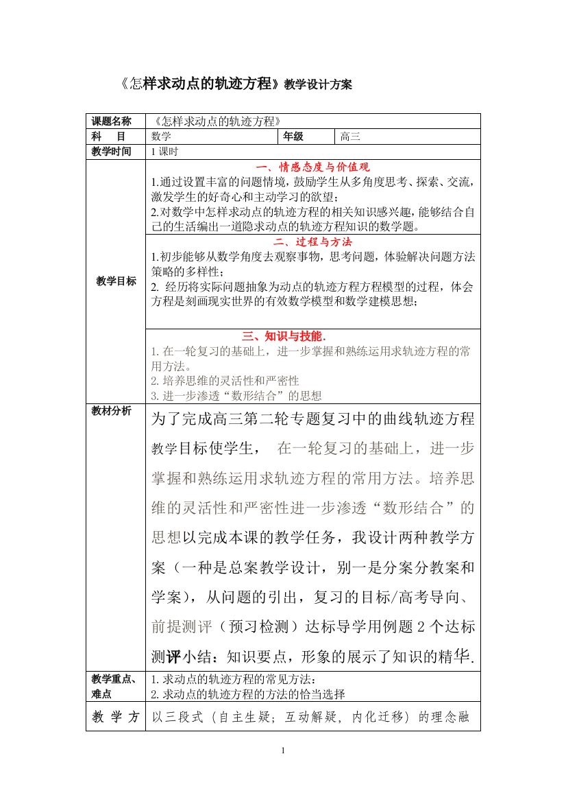 《怎样求动点的轨迹方程2》教学设计方案