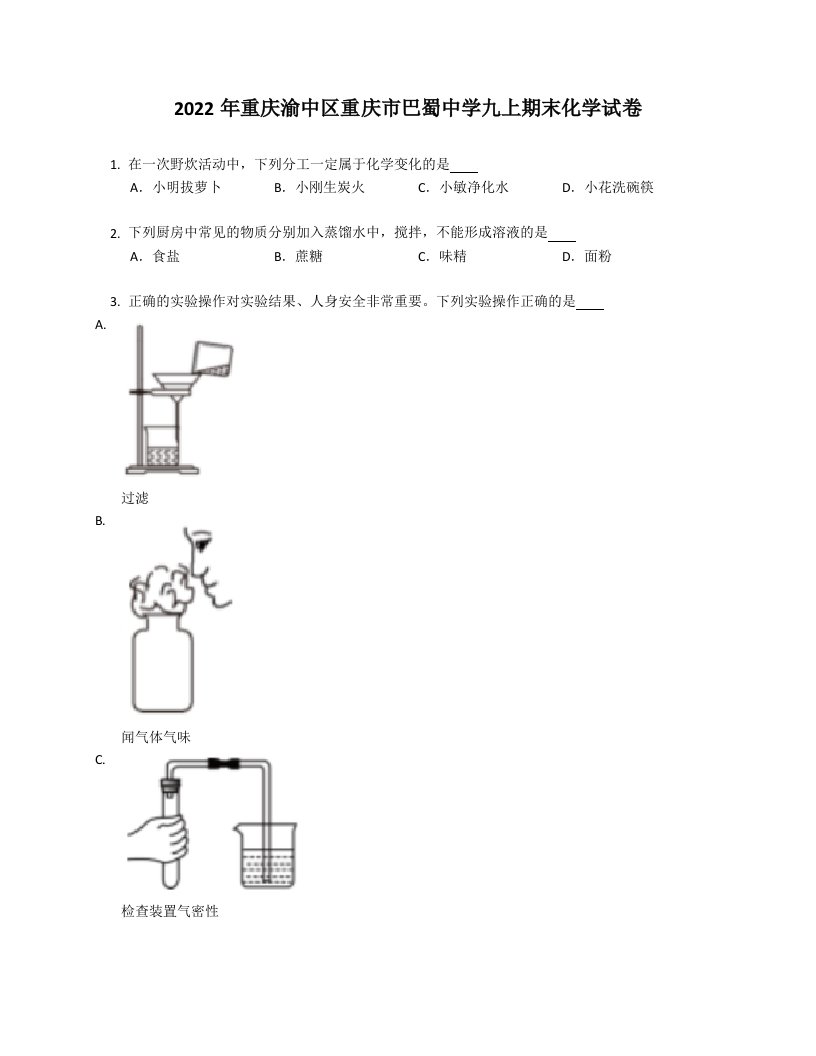 2022年重庆渝中区重庆市巴蜀中学九年级上学期期末化学试卷（含答案）