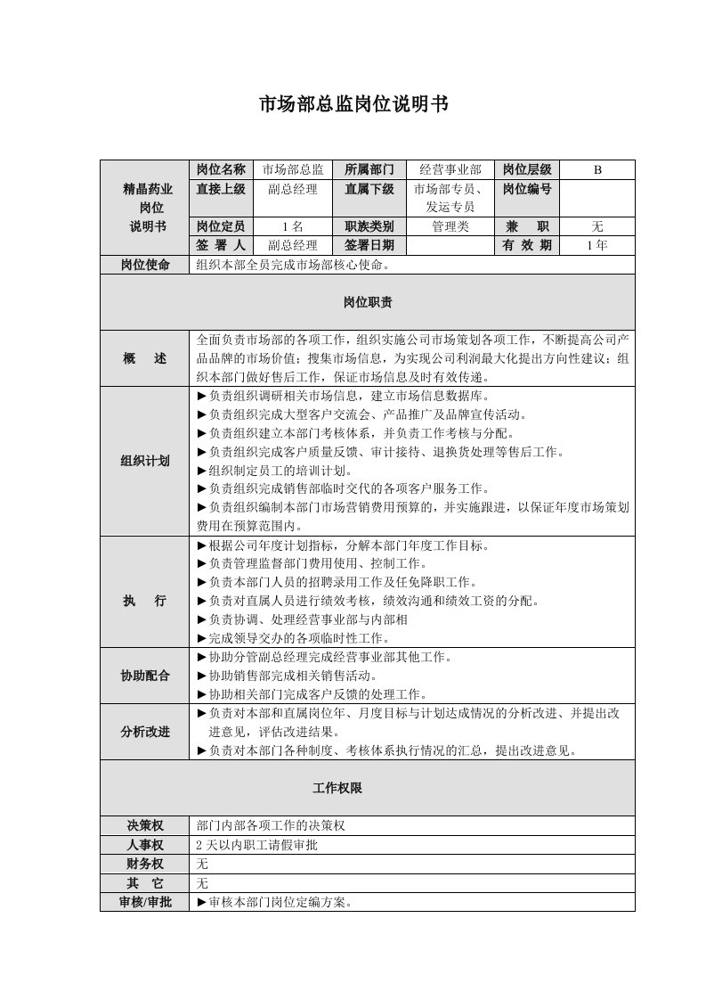 市场部总监岗位说明书(草案)