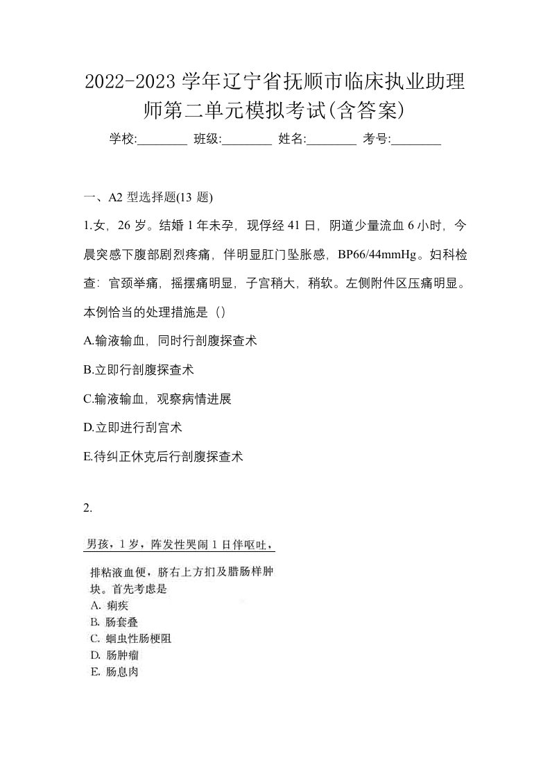 2022-2023学年辽宁省抚顺市临床执业助理师第二单元模拟考试含答案