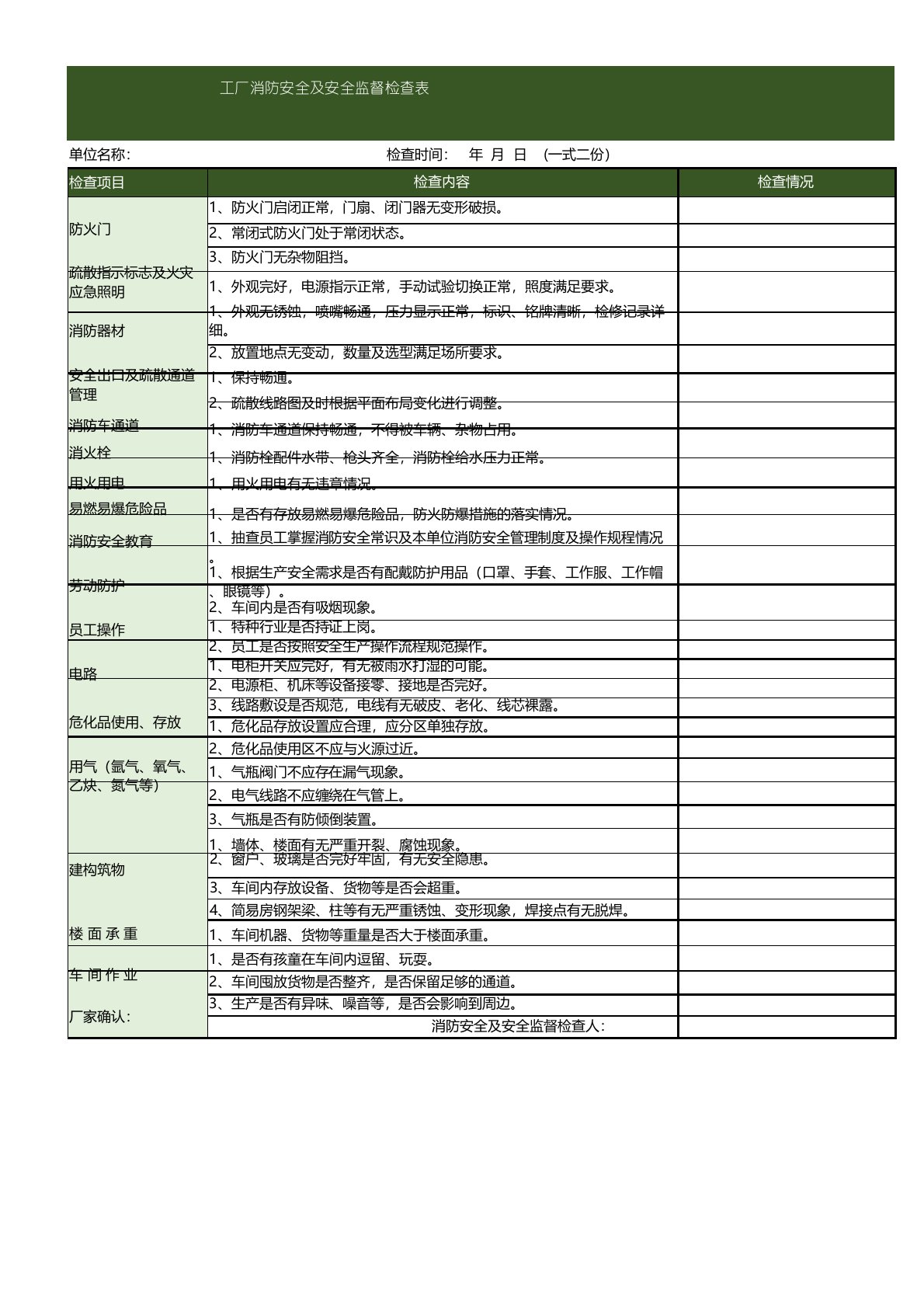 工厂消防安全及安全监督检查表EXCEL模板