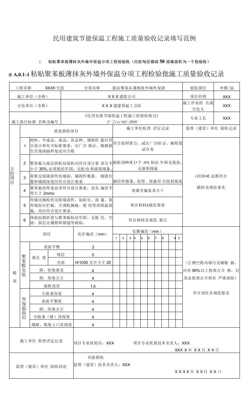 民用建筑节能保温工程施工质量验收记录填写范例